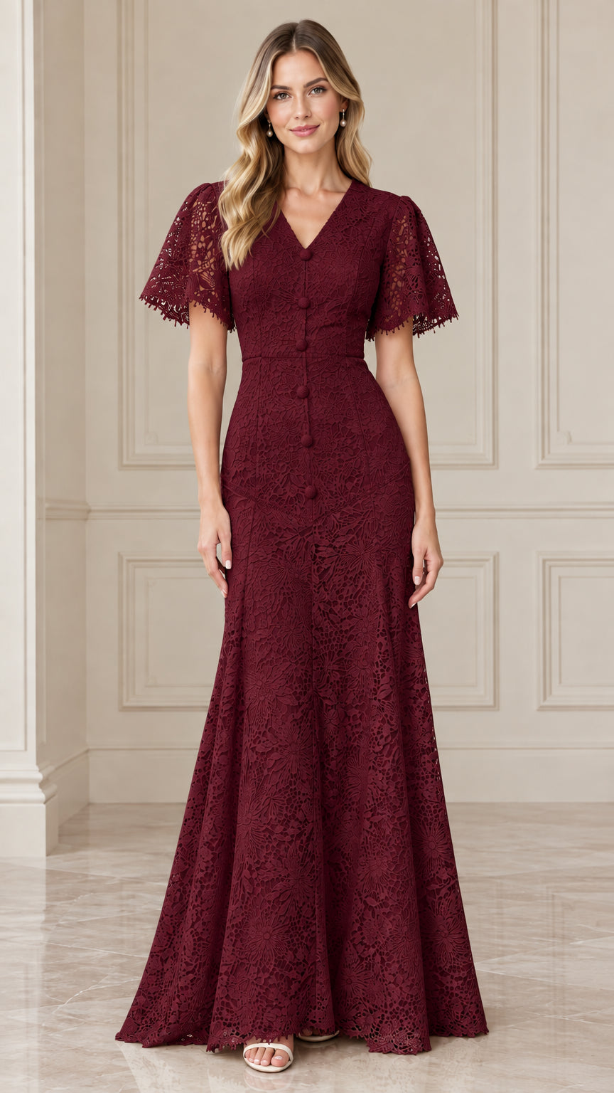 Front view of woman wearing burgundy wine floral lace formal mermaid maxi dress