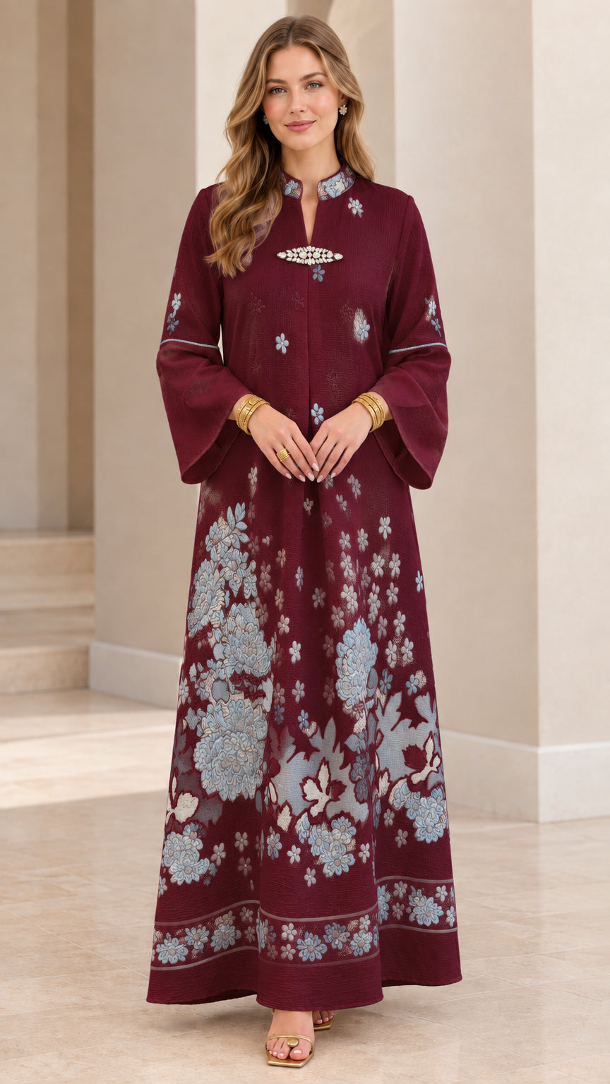 Burgundy wine embroidered kaftan maxi dress with delicate floral detailing