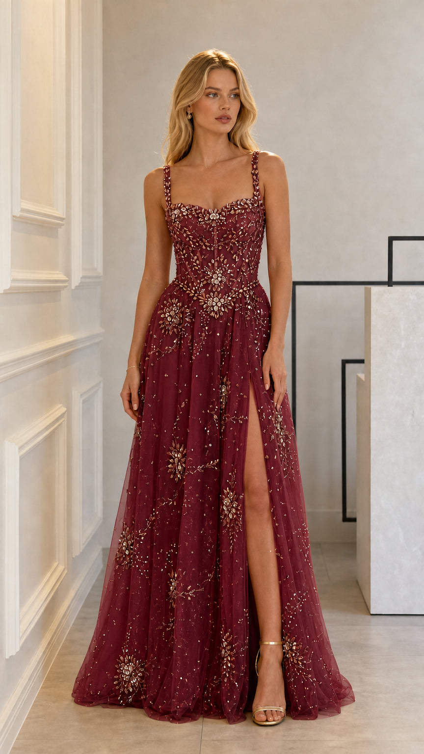 Front full-length view of burgundy red crystal-embellished evening gown with high slit