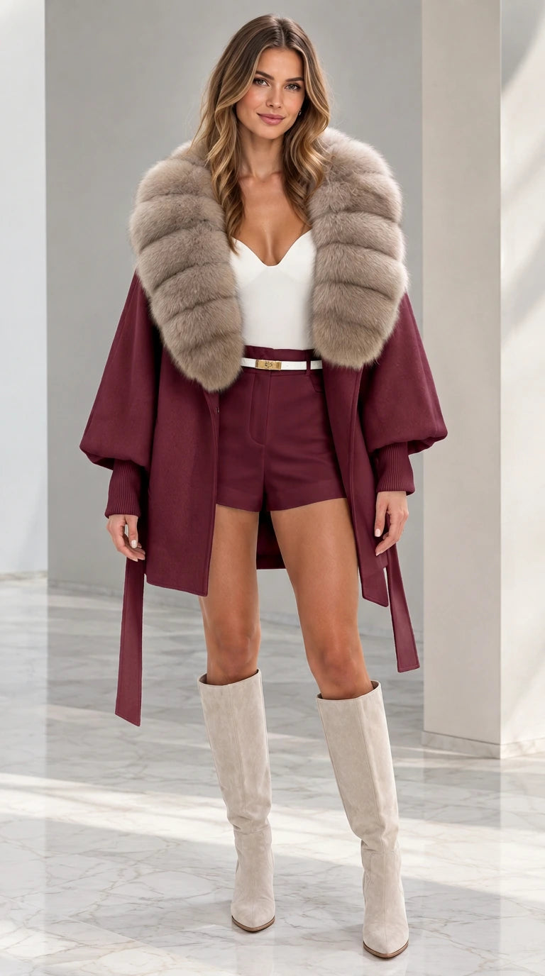 Front view of woman wearing Burgundy wine red faux fur collar belted cape coat