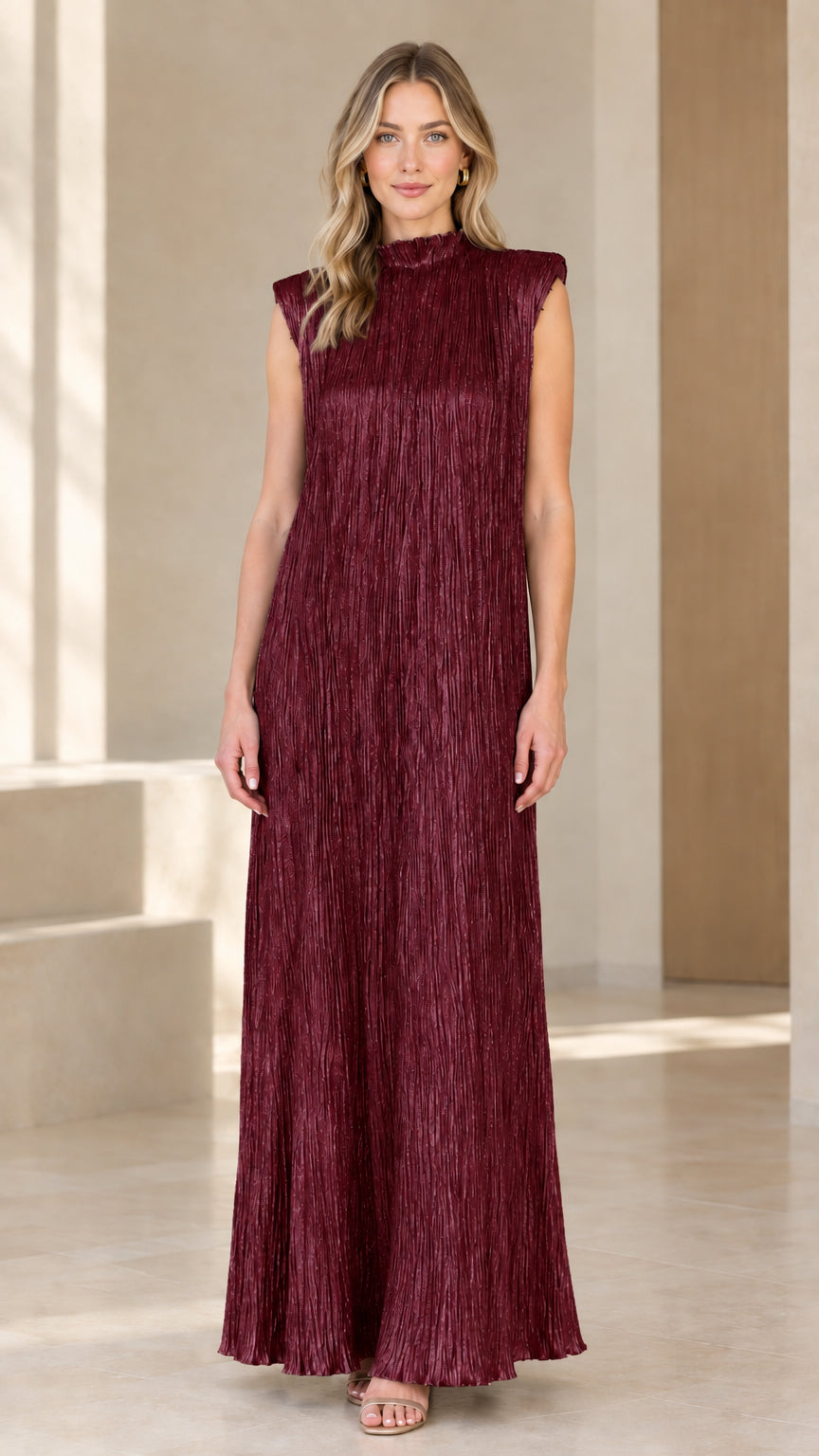Burgundy sleeveless pleated mock neck maxi dress