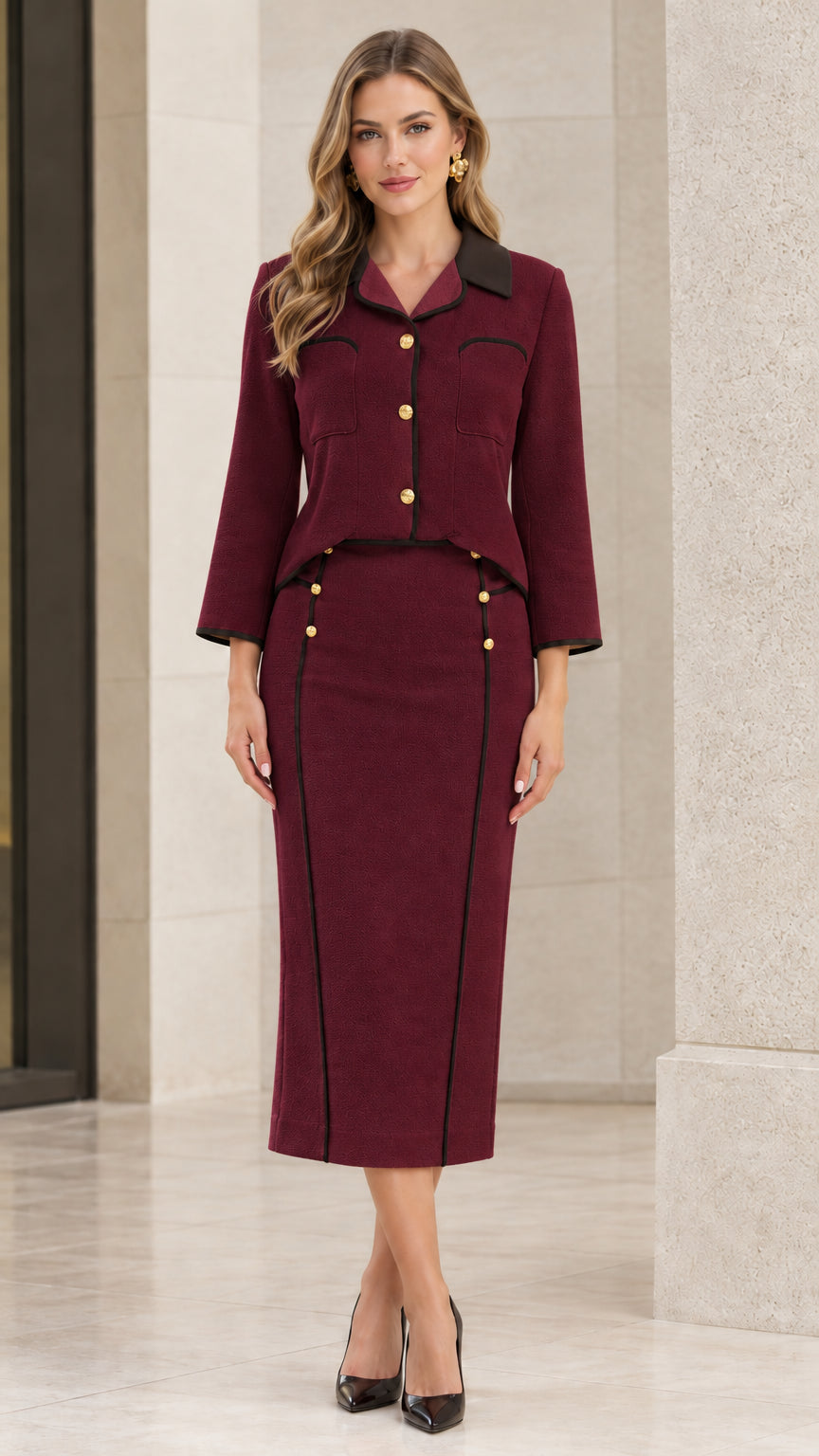 Front view of burgundy two-piece skirt suit set with dark contrast trim