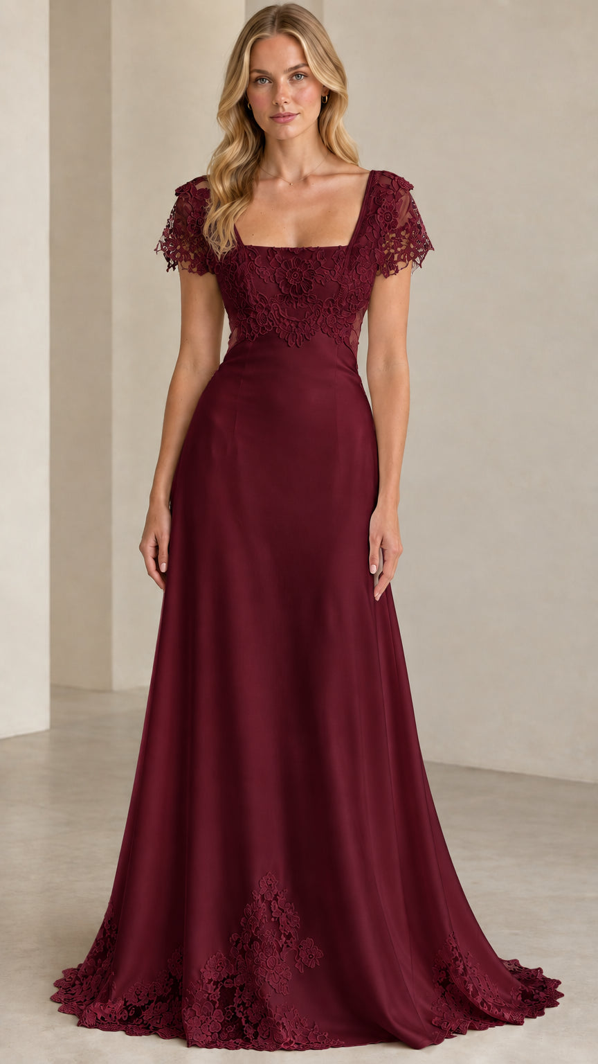 Full front view of burgundy wine lace cap sleeve formal maxi dress