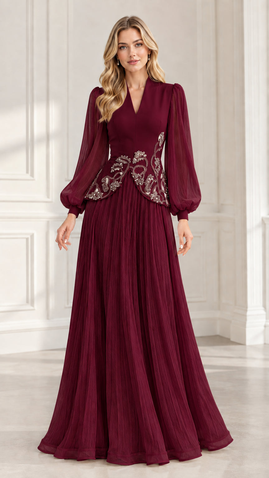 Burgundy wine red formal evening gown with beaded waist accent and pleated skirt