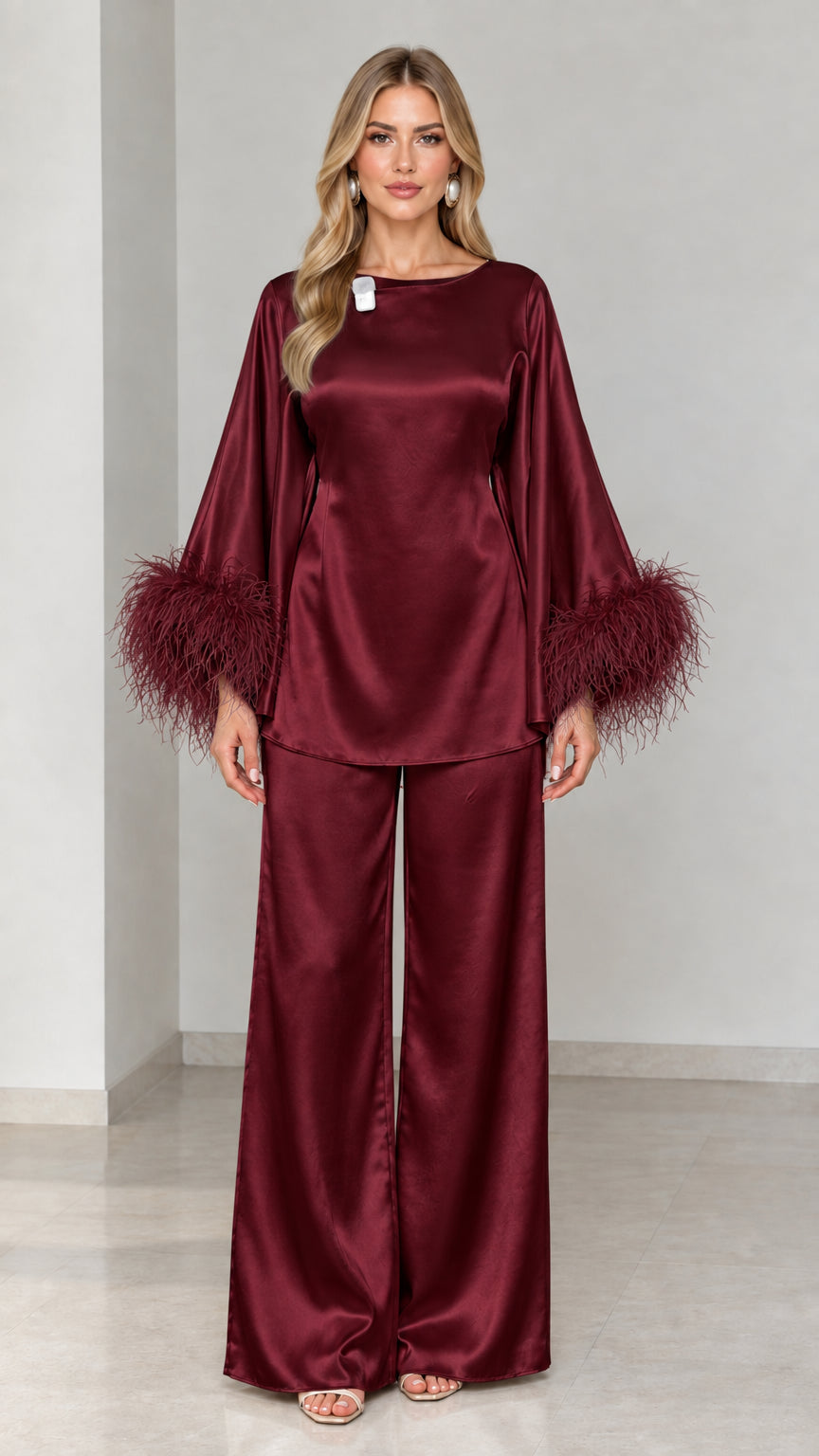 Burgundy wine red satin two-piece party set with matching feather cuffs