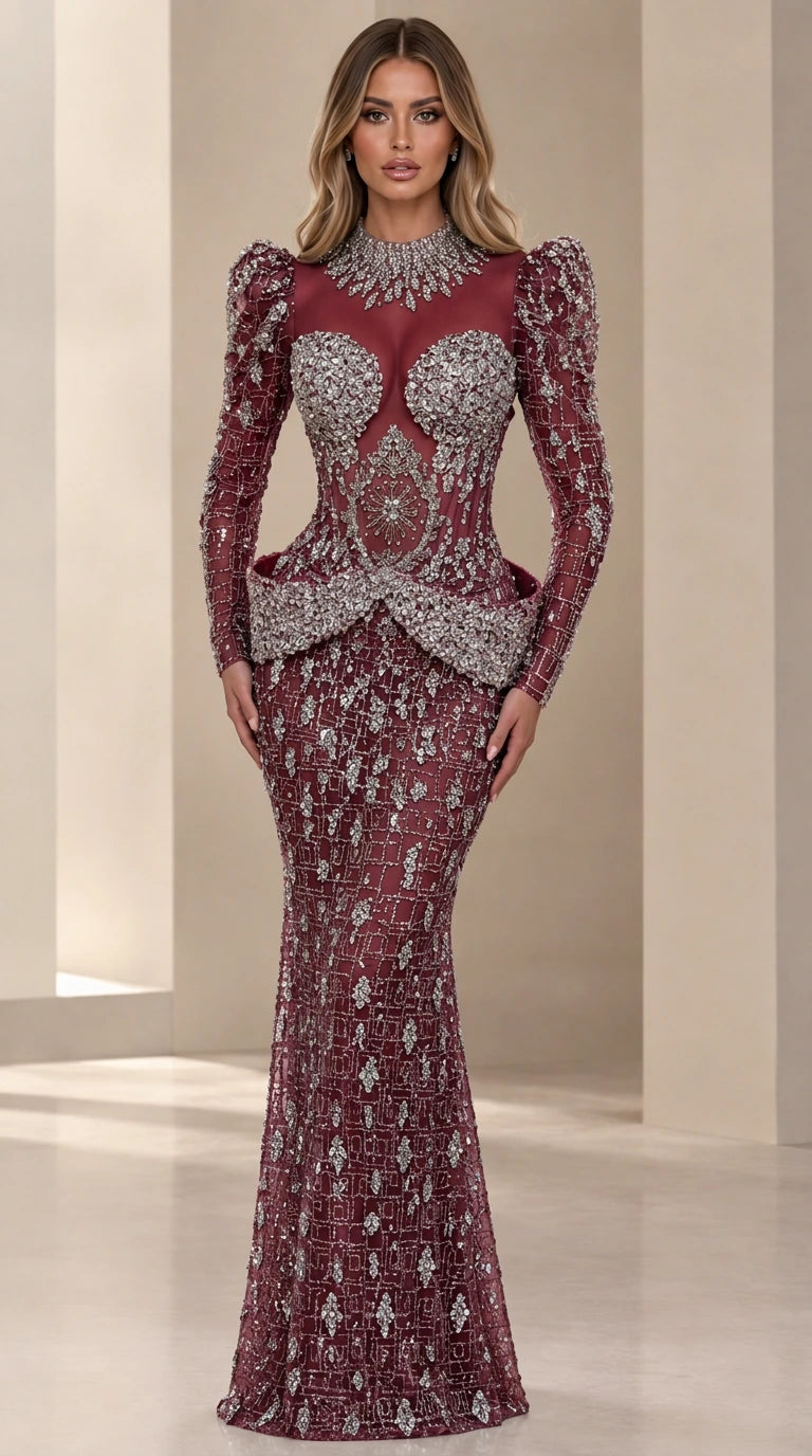 Burgundy red rhinestone embellished long sleeve mermaid evening dress