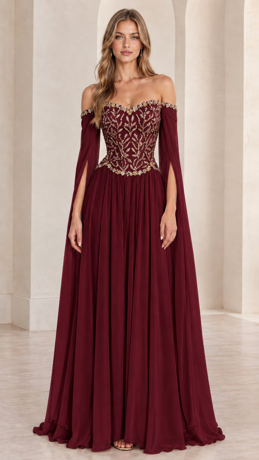 Burgundy wine red formal evening dress with embroidered sweetheart bodice and cape sleeves
