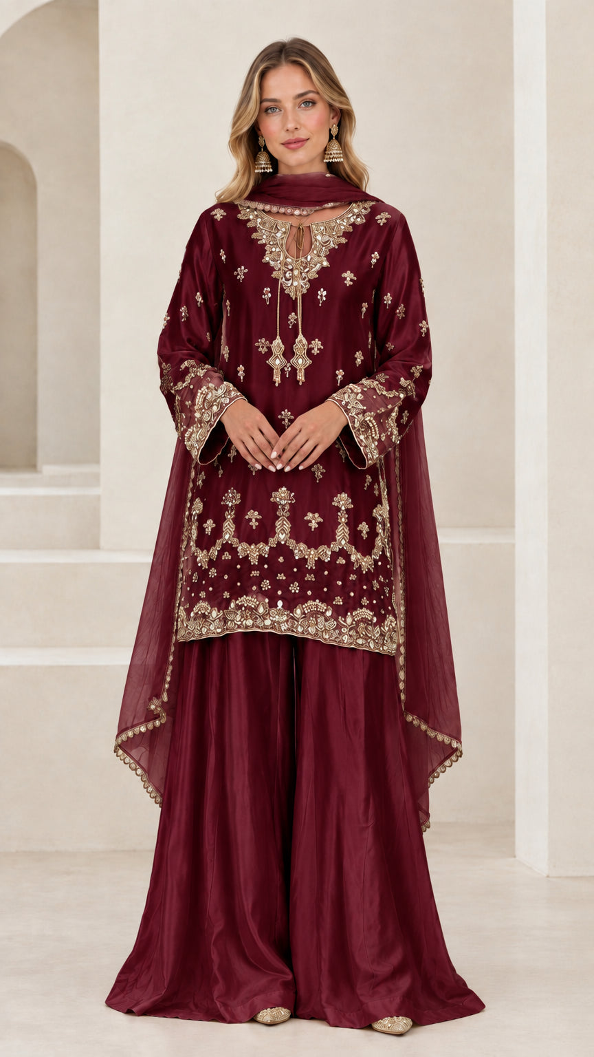 Deep maroon wine 3-piece embroidered festive sharara suit set
