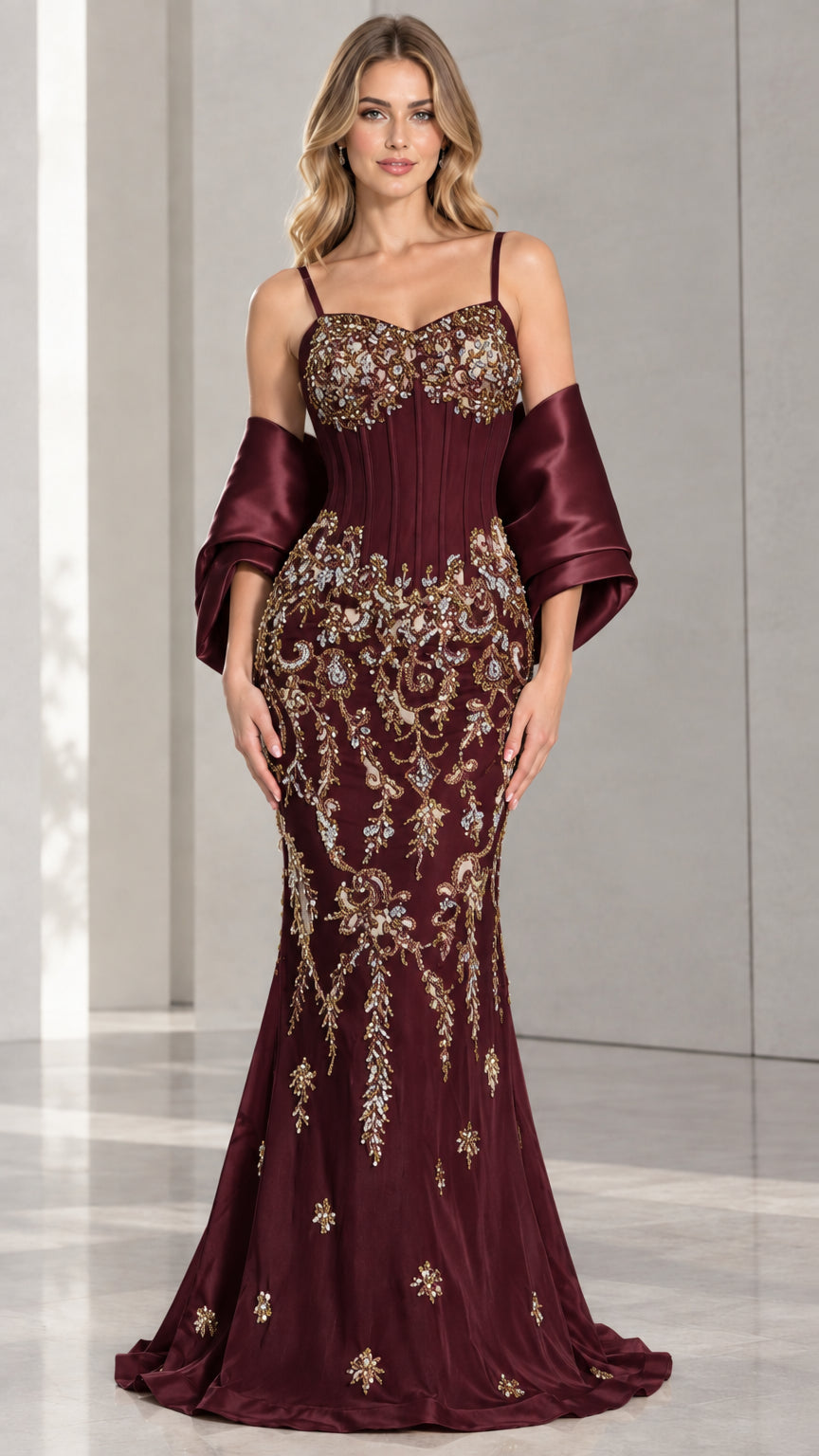 Front view of Burgundy embellished corset mermaid evening gown with burgundy shawl