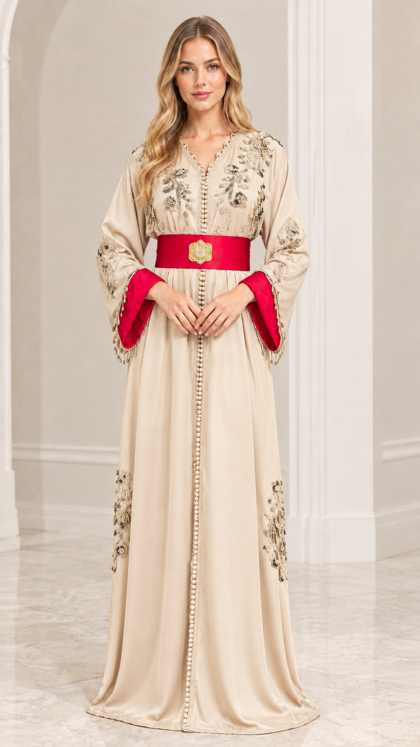 Front view of champagne beige embroidered Moroccan kaftan dress with red belt