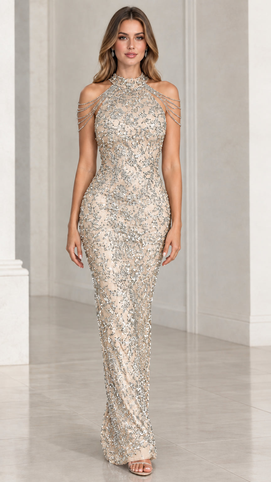 Champagne gold sequin halter evening gown with draped shoulder chains