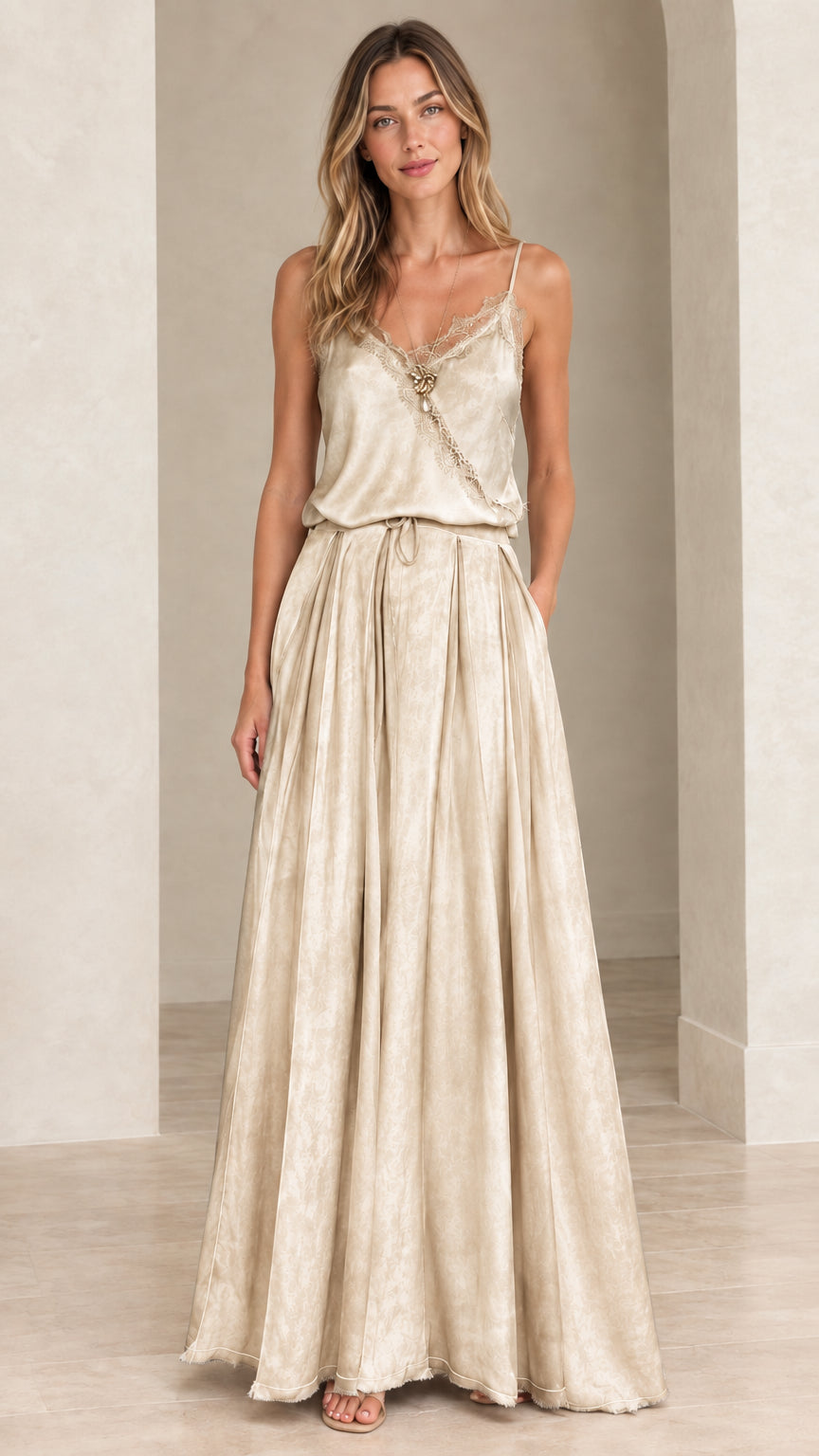 Model wearing champagne beige lace-trim cami maxi dress