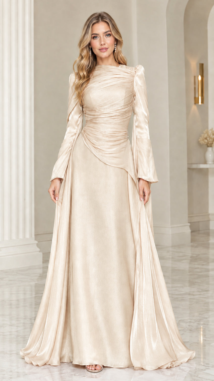 Front view of champagne gold long-sleeve ruched formal maxi dress