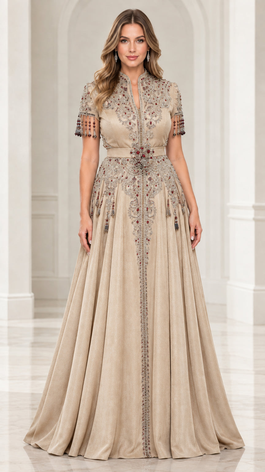 Champagne beige beaded formal maxi gown with short sleeves