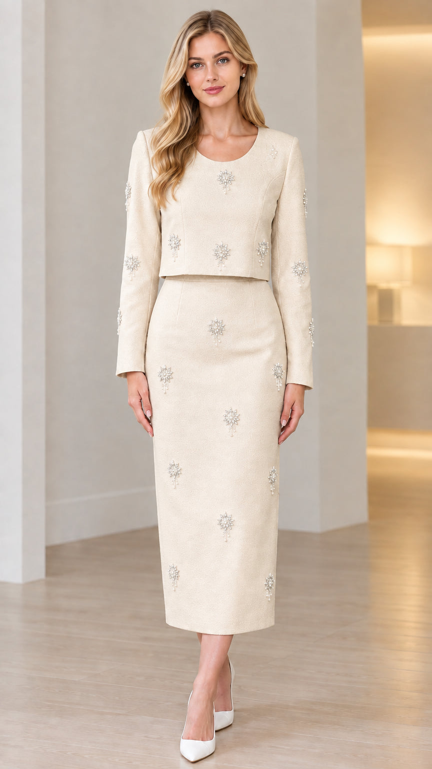 Front full view of champagne cream embellished two-piece formal midi dress set
