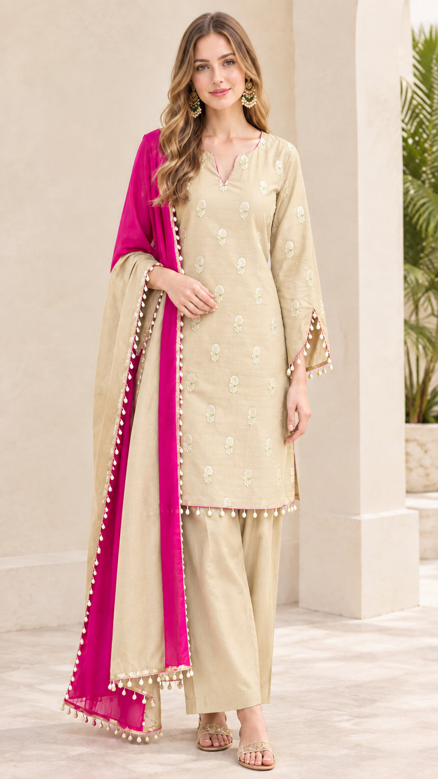 Champagne beige embroidered kurta pant set with contrast magenta dupatta