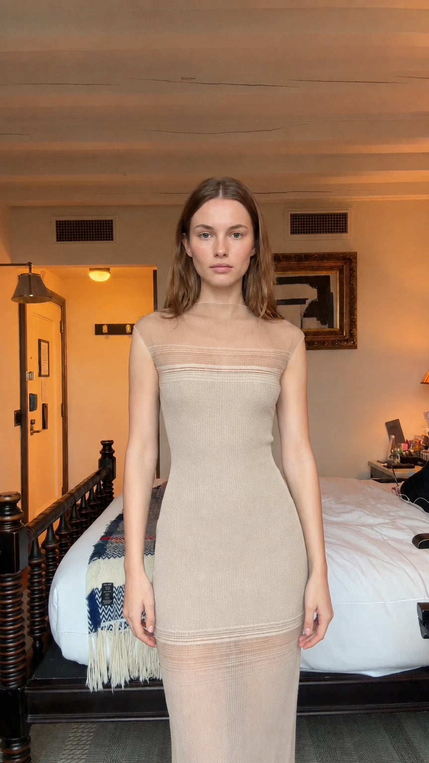 Front view of model wearing beige taupe illusion sleeveless ribbed knit maxi dress