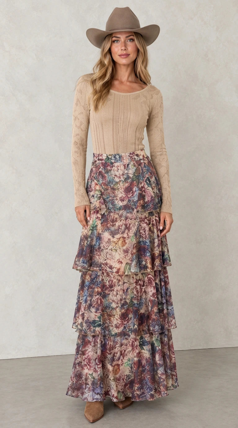 Model wearing Taupe Floral tiered maxi skirt with beige top and hat