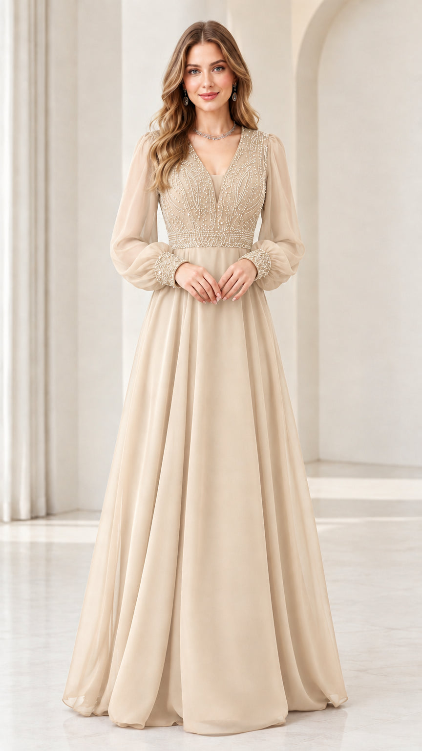 Model wearing champagne beige long sleeve beaded evening maxi gown