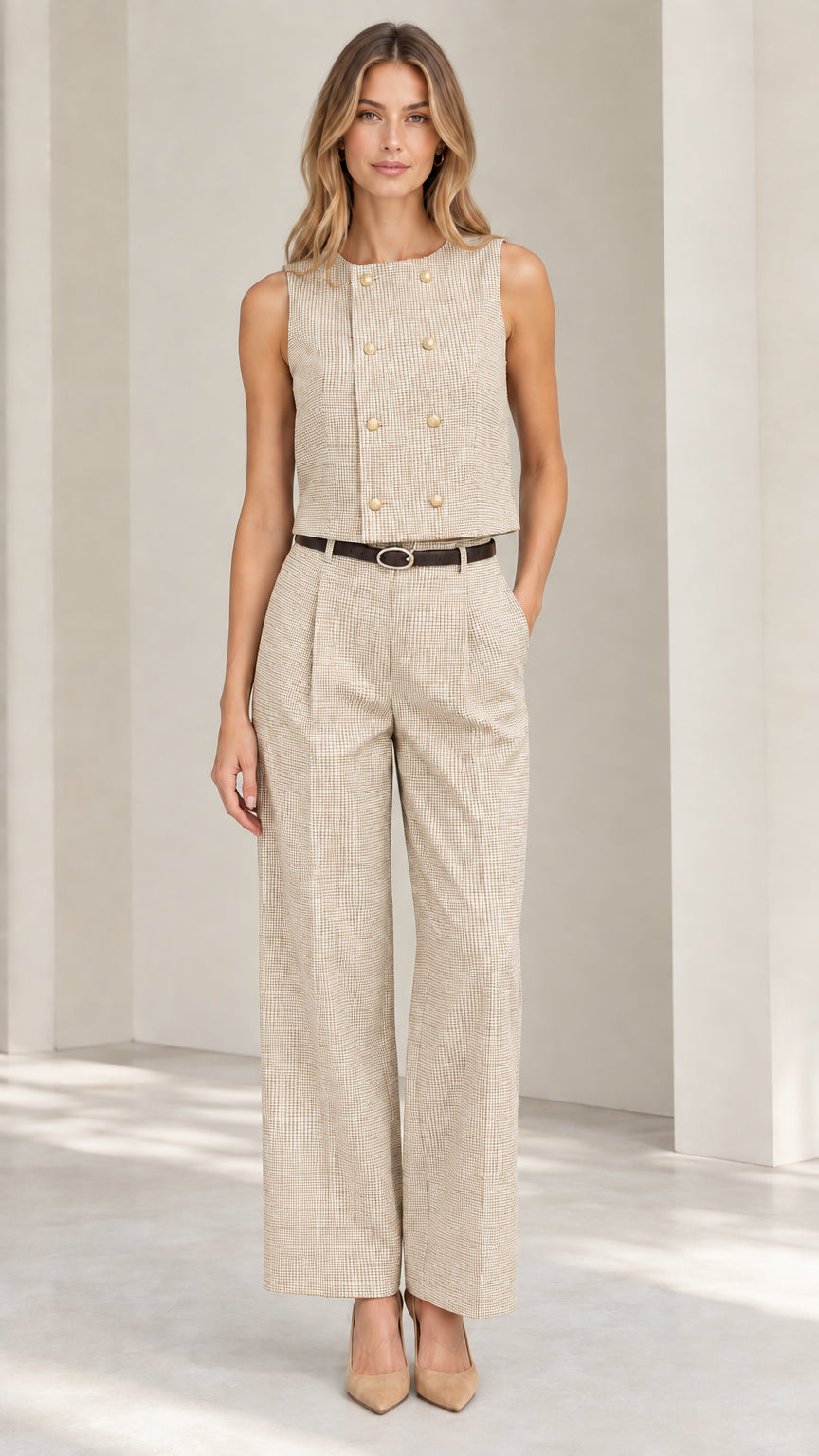 Women's double-breasted vest and pleated wide leg pants set in beige oatmeal