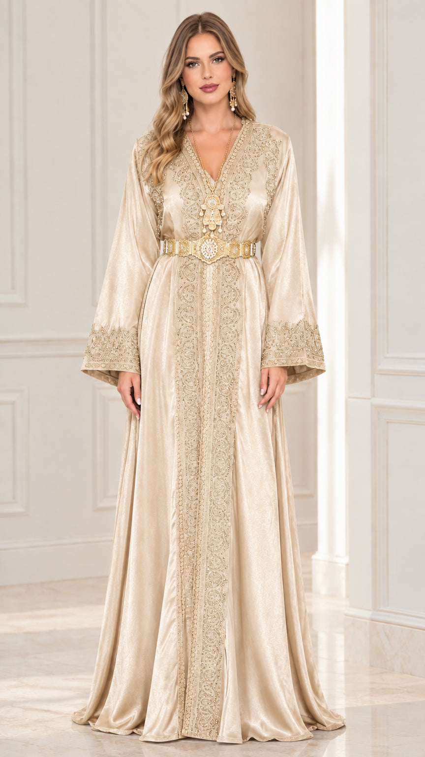 Front view of champagne gold embroidered satin kaftan maxi dress