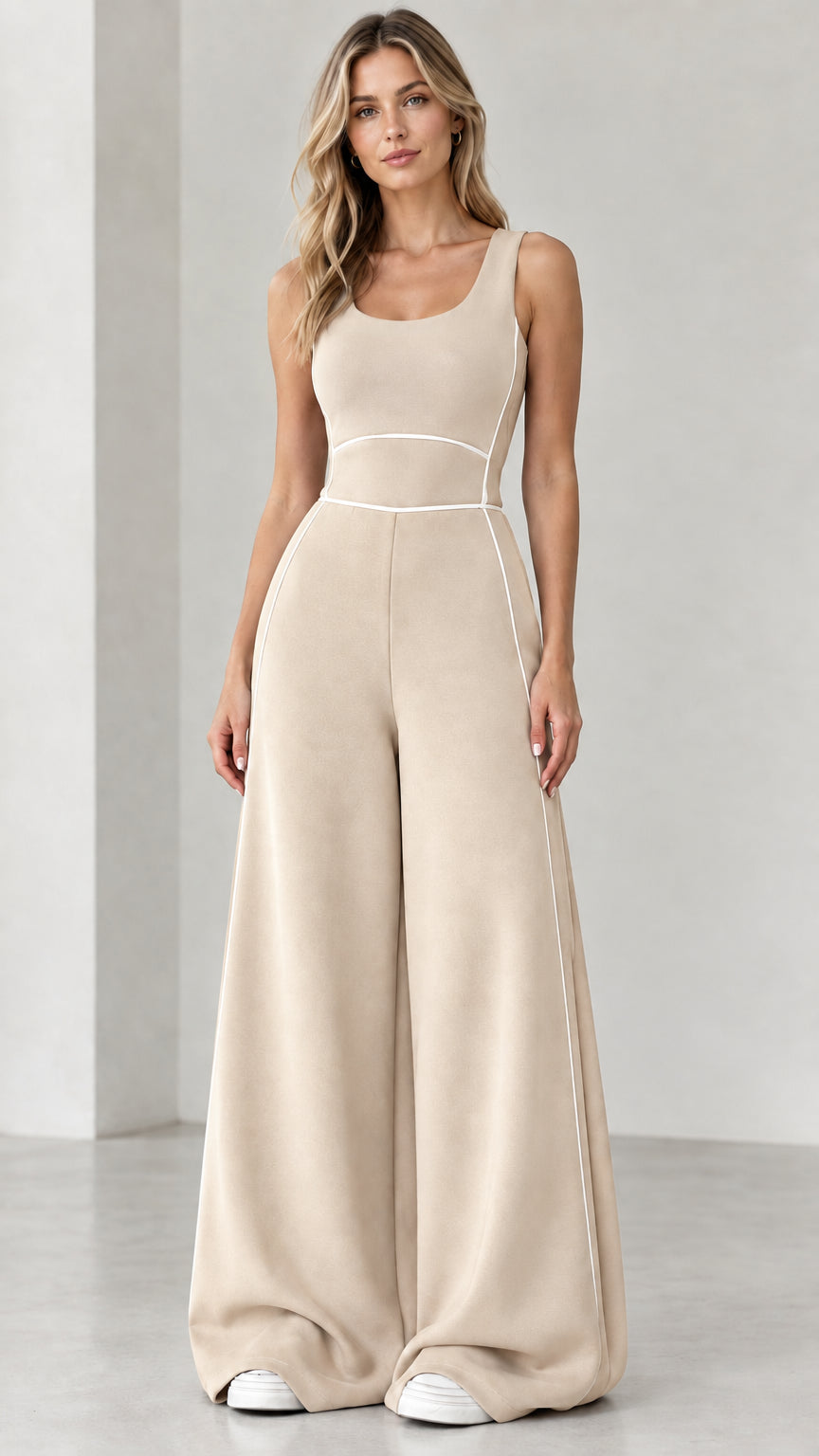 Beige sleeveless wide-leg jumpsuit with white piping detail