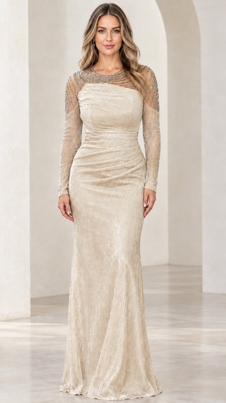 Champagne gold shimmer long sleeve formal gown front view
