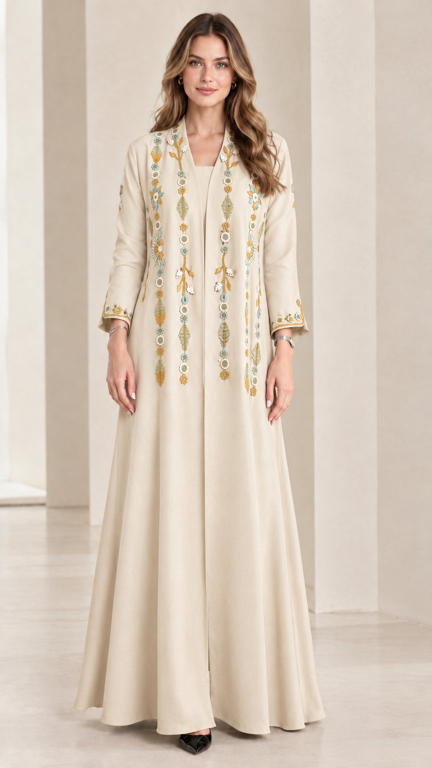 Front view of champagne cream embroidered maxi dress
