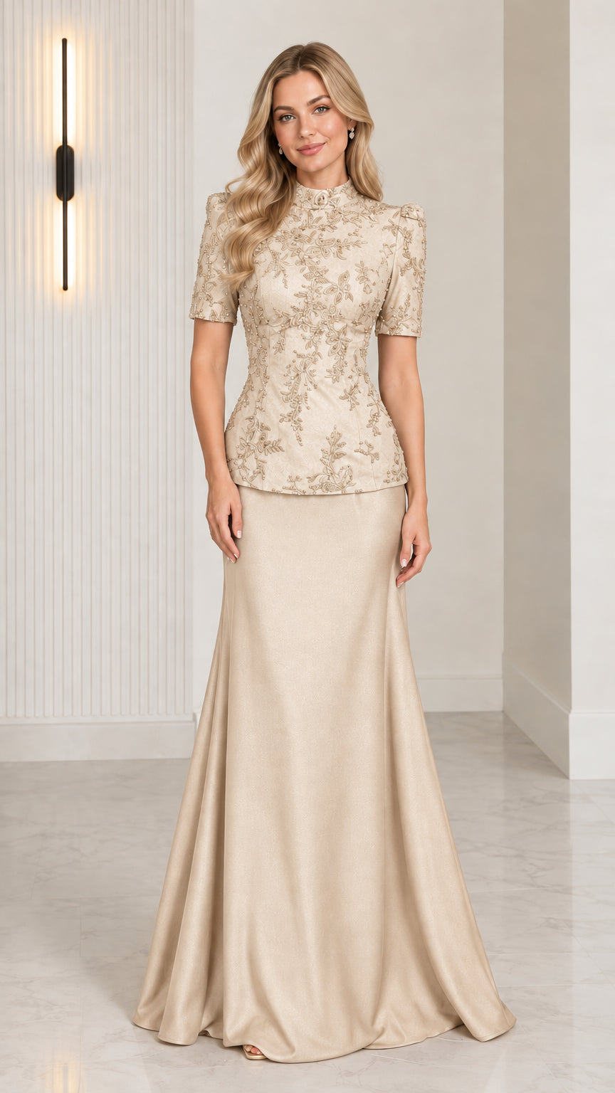 Front view of model wearing Champagne beaded peplum evening gown