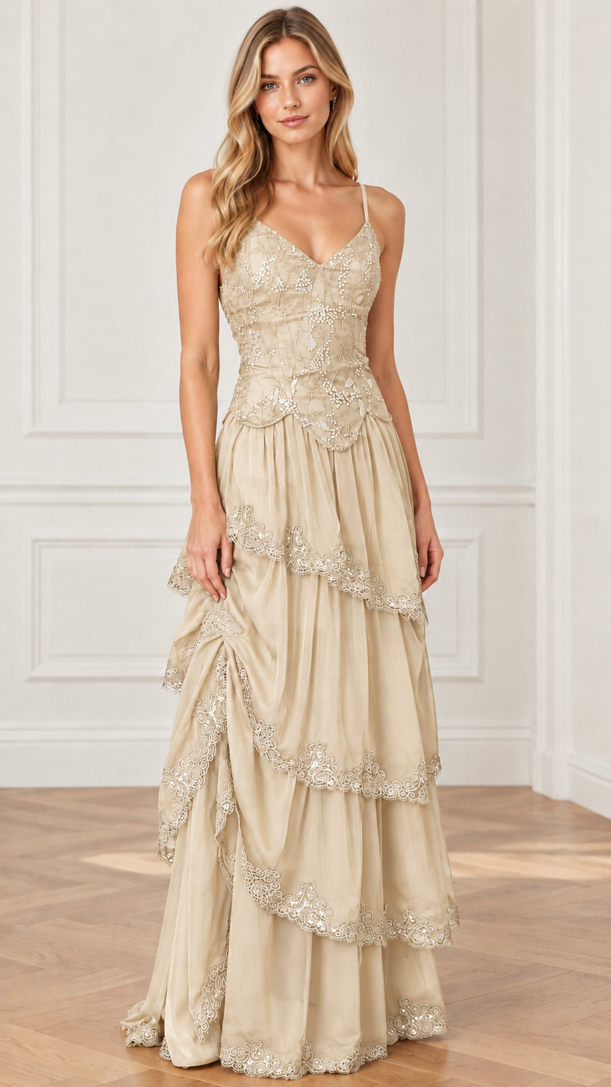 Champagne beige embroidered tiered evening gown