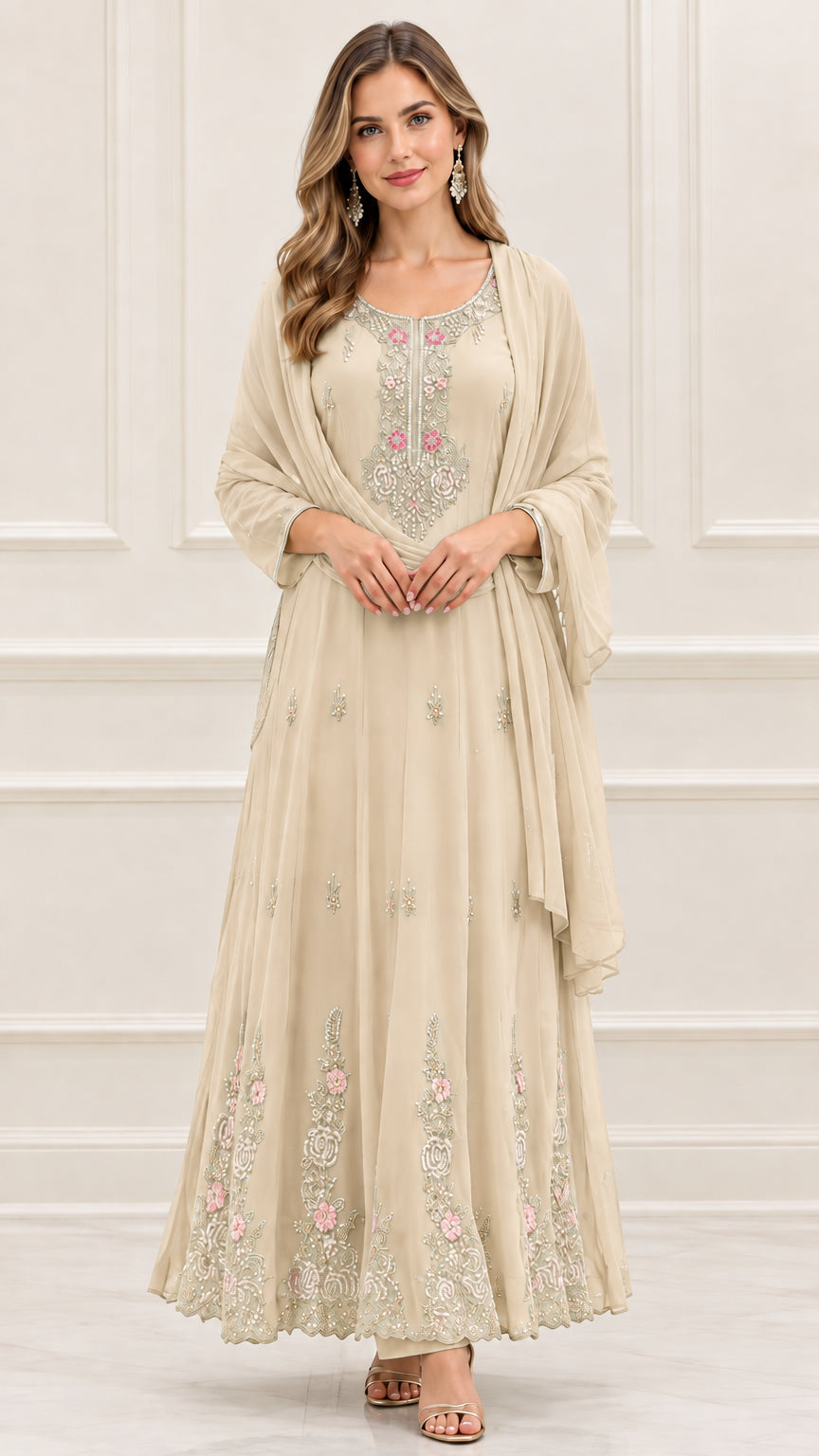 Front view of champagne beige embroidered maxi dress with scarf