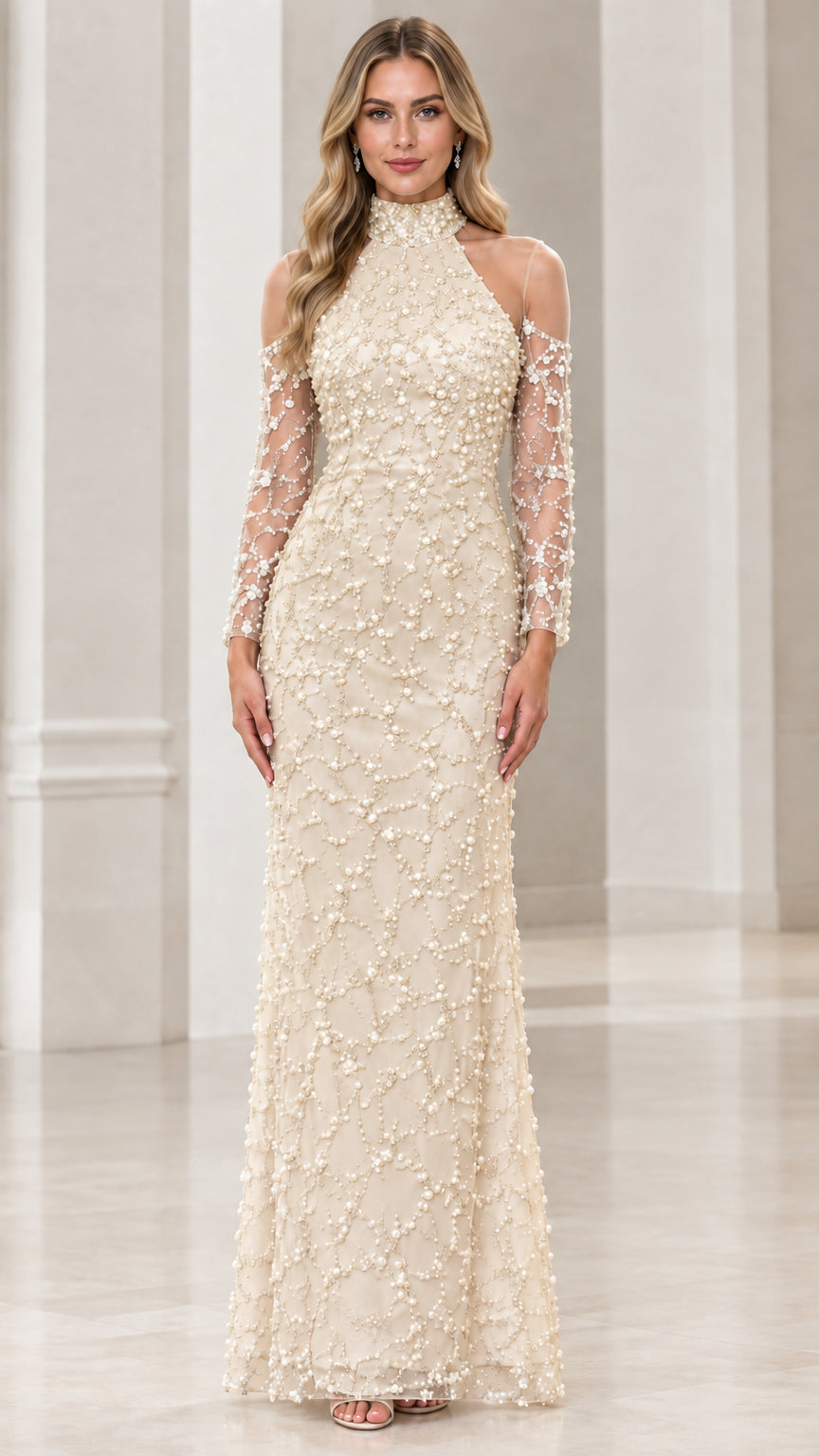 Champagne pearl embellished high neck maxi gown