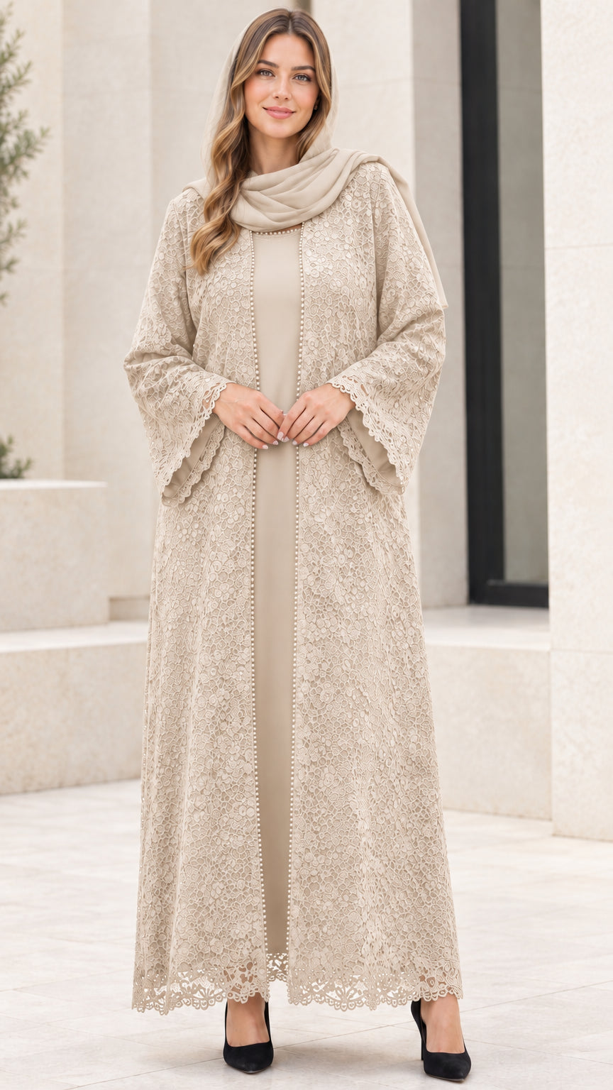 Women's beige champagne floral lace abaya set with matching inner dress