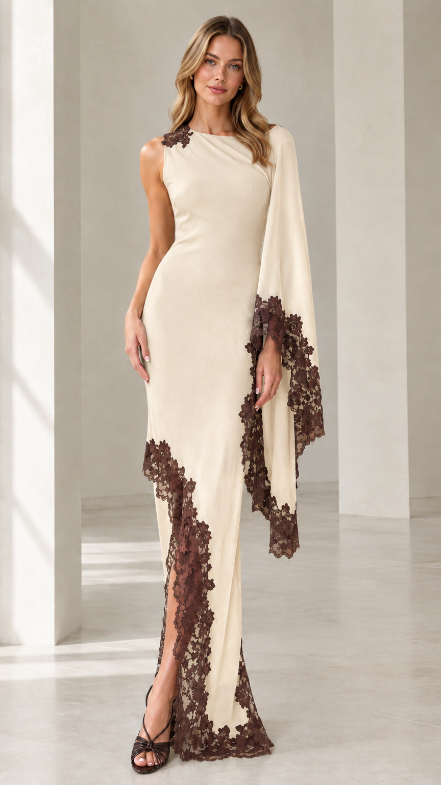 Front view of cream off-white asymmetric cape sleeve formal dress with contrast brown lace trim