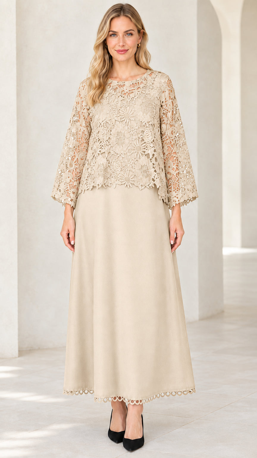 Front view of model wearing Champagne beige floral lace overlay maxi dress