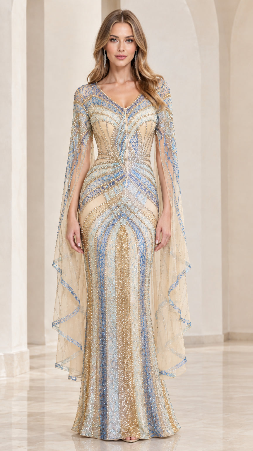 Champagne Gold sequin and bead embellished formal cape dress on model