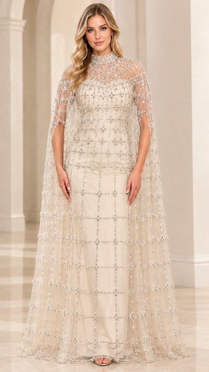 Champagne beige evening gown with full-length crystal beaded cape overlay
