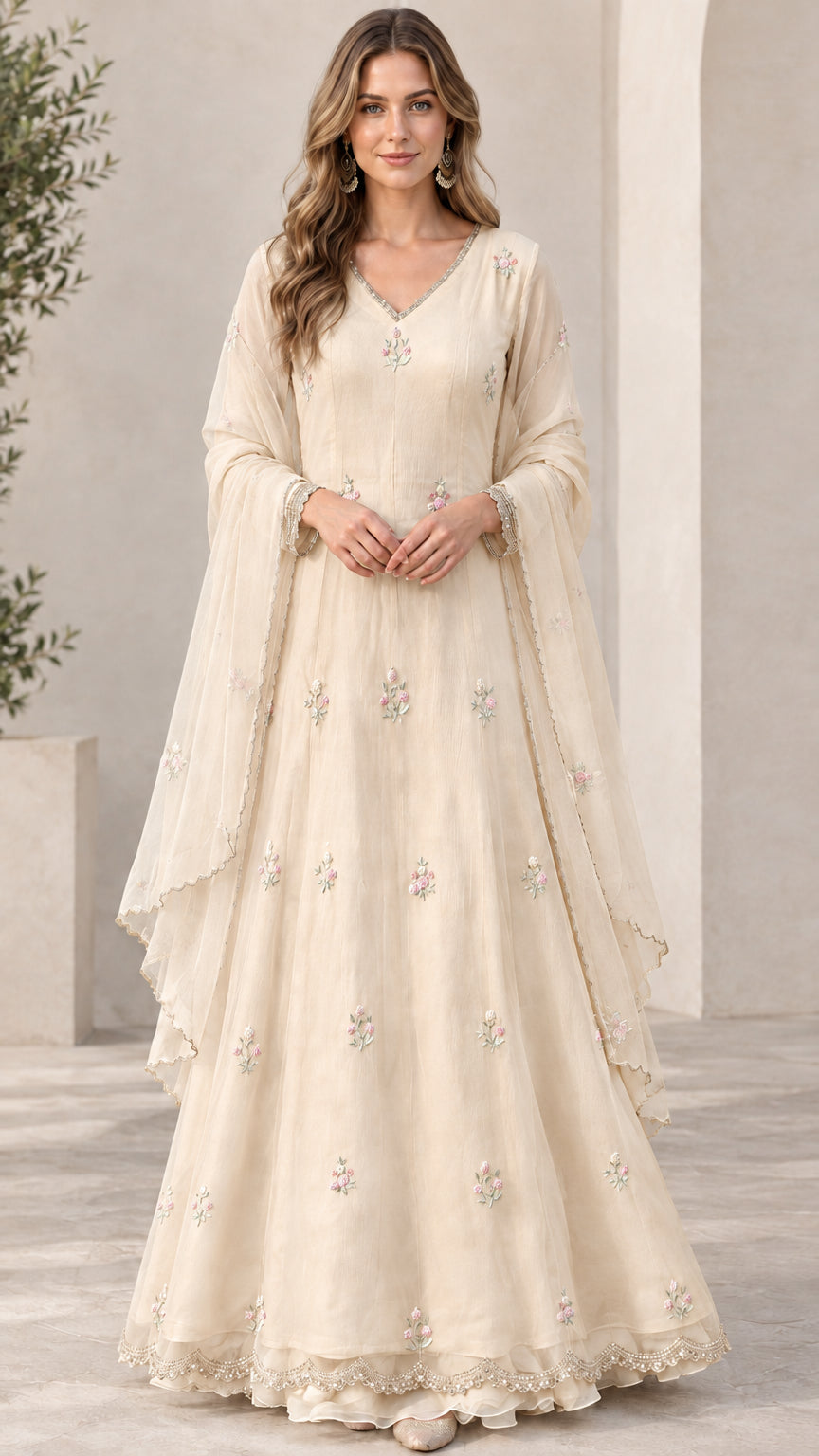 Front view of model wearing ivory cream embroidered floor-length dress