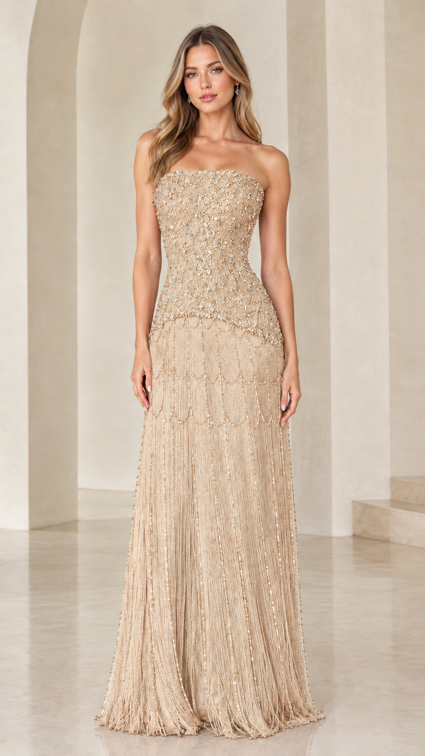 Strapless champagne gold embellished evening gown with beaded fringe
