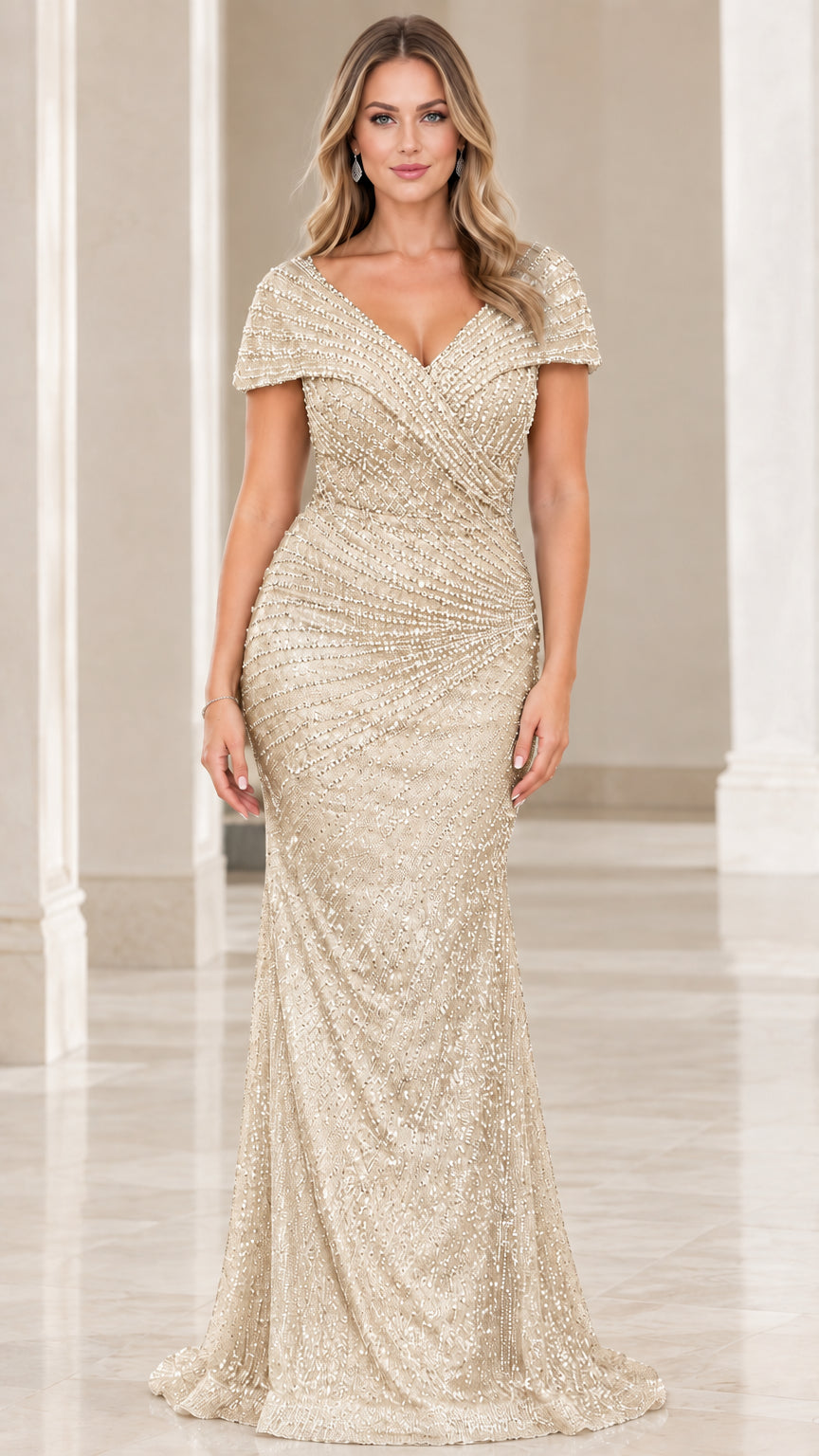 Front view of model wearing the champagne gold sequined evening gown