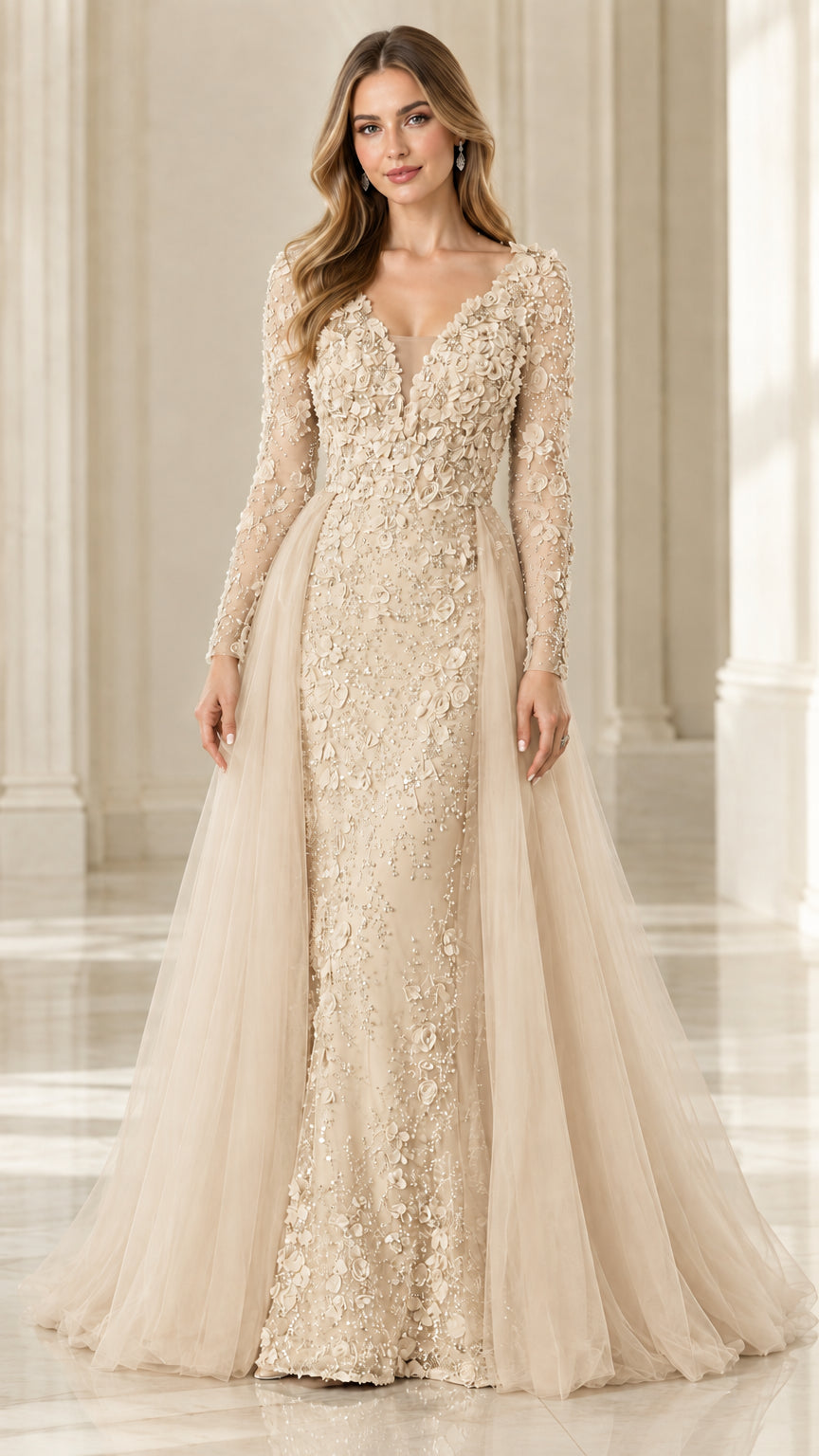 Champagne beige long sleeve formal gown with beaded floral lace and tulle skirt