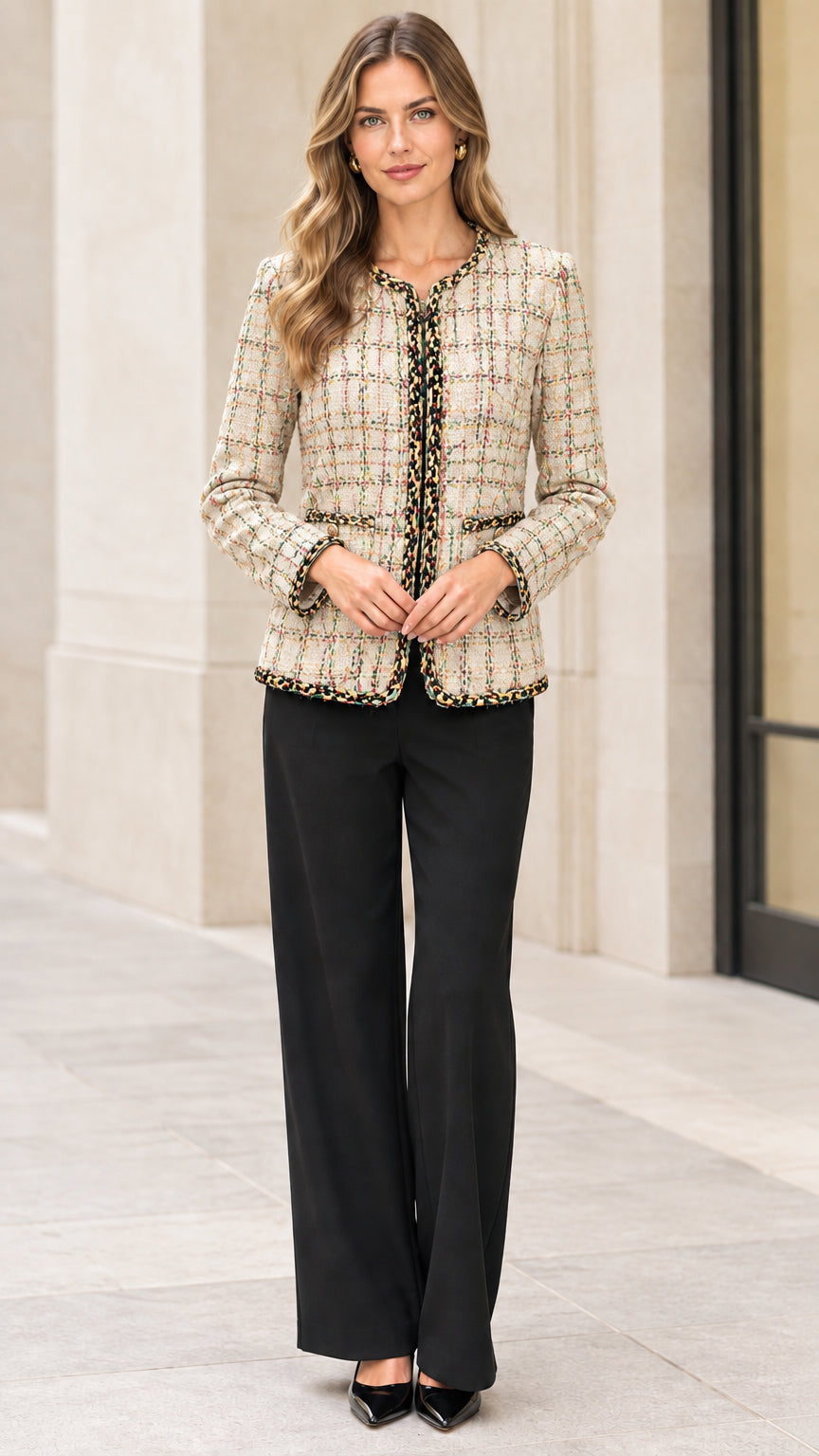 Full front view of a woman wearing a beige cream plaid tweed jacket