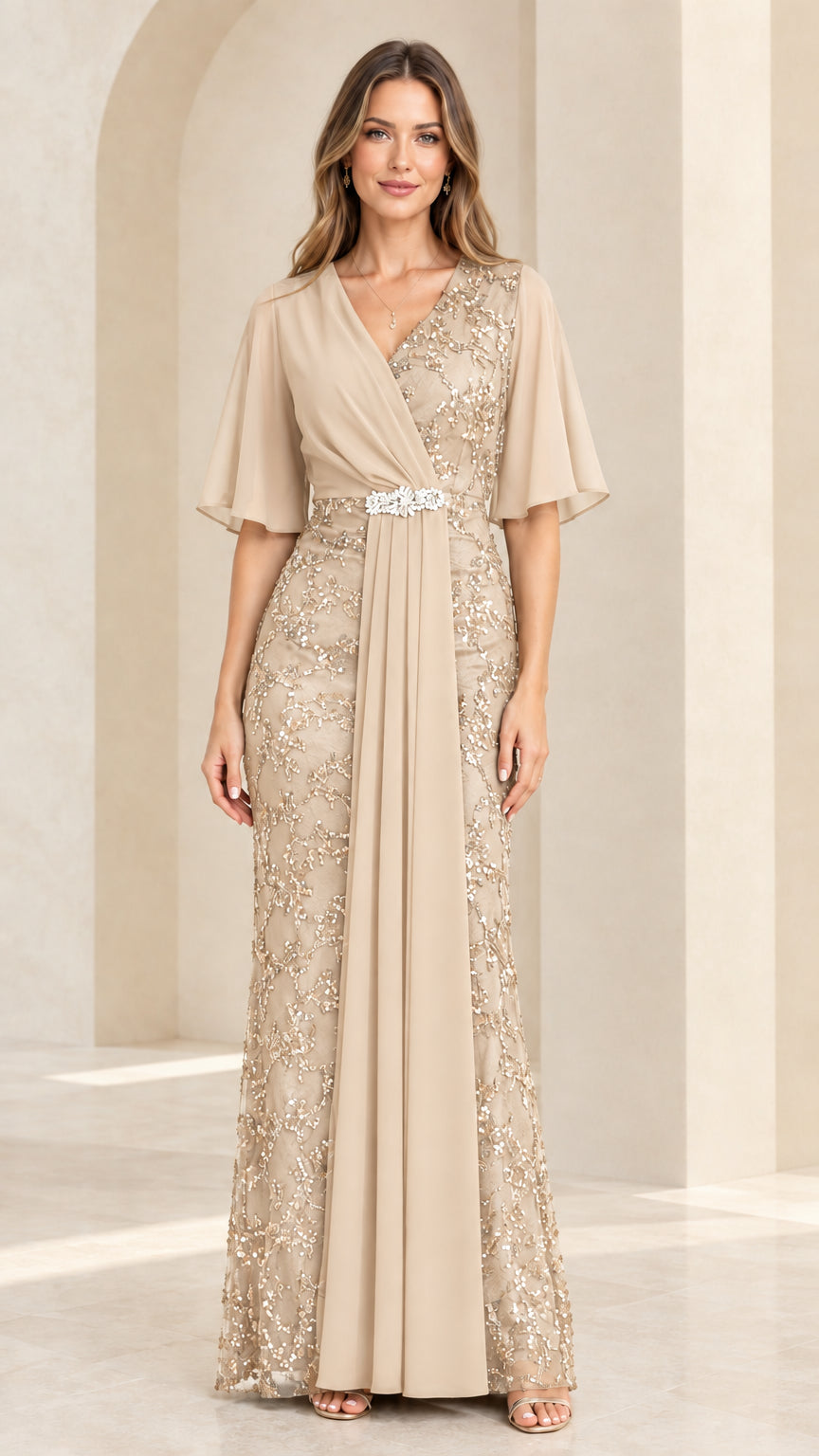 Champagne gold sequined lace formal dress with draped chiffon overlay