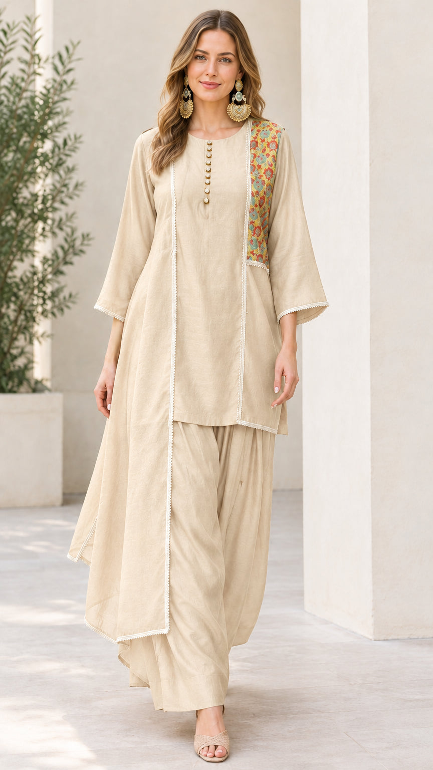 Woman wearing Beige cream draped tunic and dhoti pant set