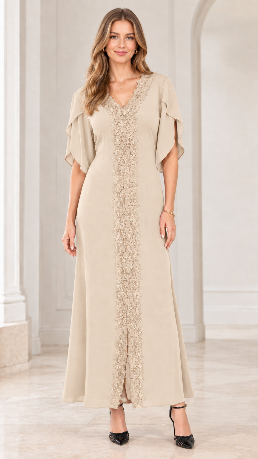 Full front view of model wearing champagne beige lace trim maxi dress