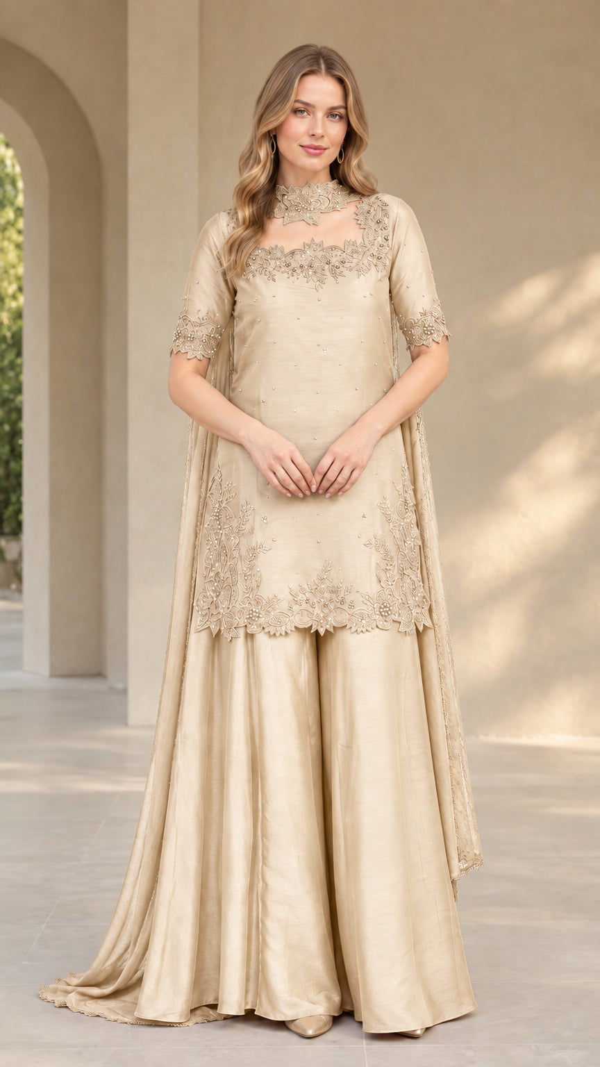 Front view of champagne gold embroidered tunic and palazzo trousers set