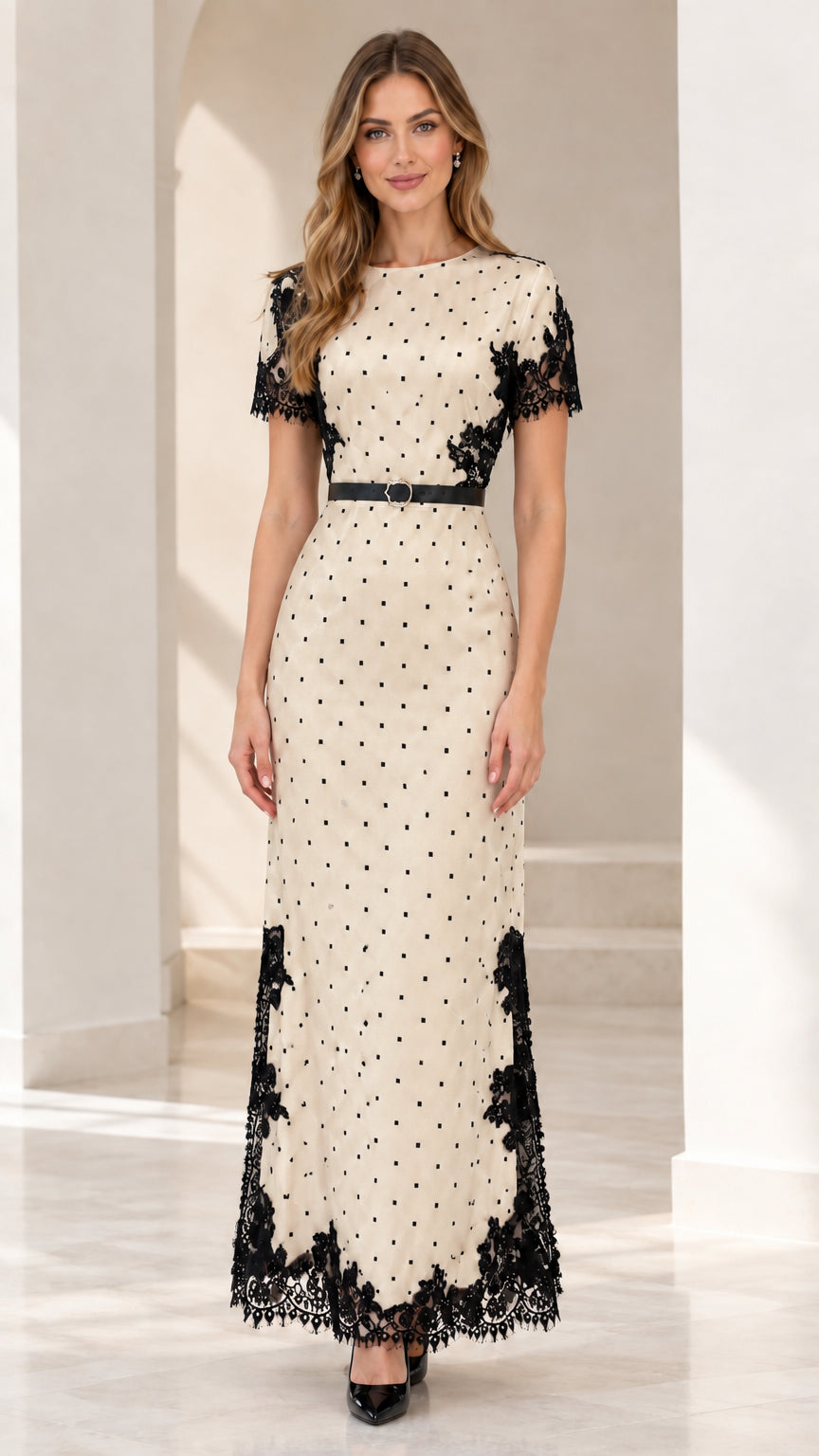 Model wearing beige polka dot maxi dress with black lace trim and belt