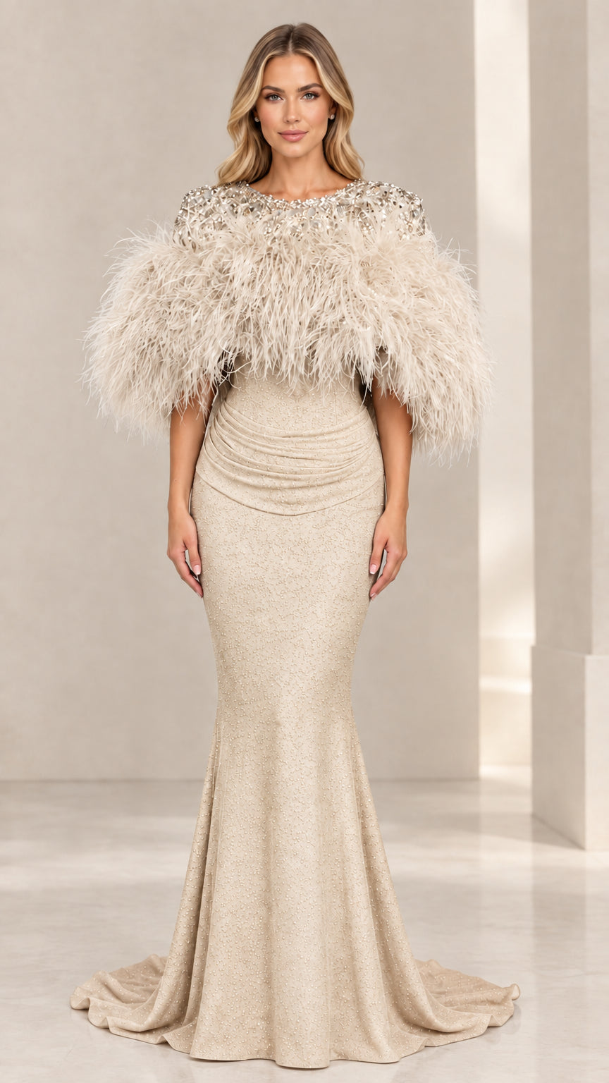 Champagne gold feather capelet sequin mermaid evening gown