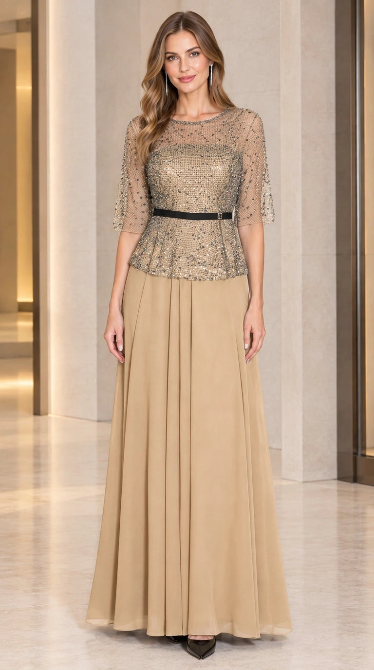Champagne gold sequin mesh half sleeve maxi formal gown