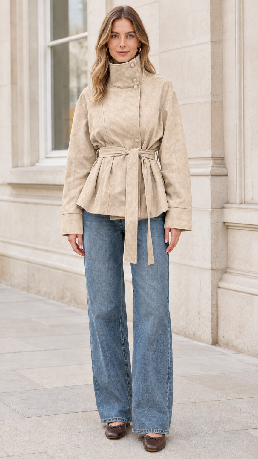 Full front view of model wearing beige high neck belted faux suede jacket